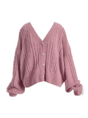 🇯🇵 AXES FEMME Pink Lace-Up Ribbon Sleeve Plush Oversized Chenille Cardigan